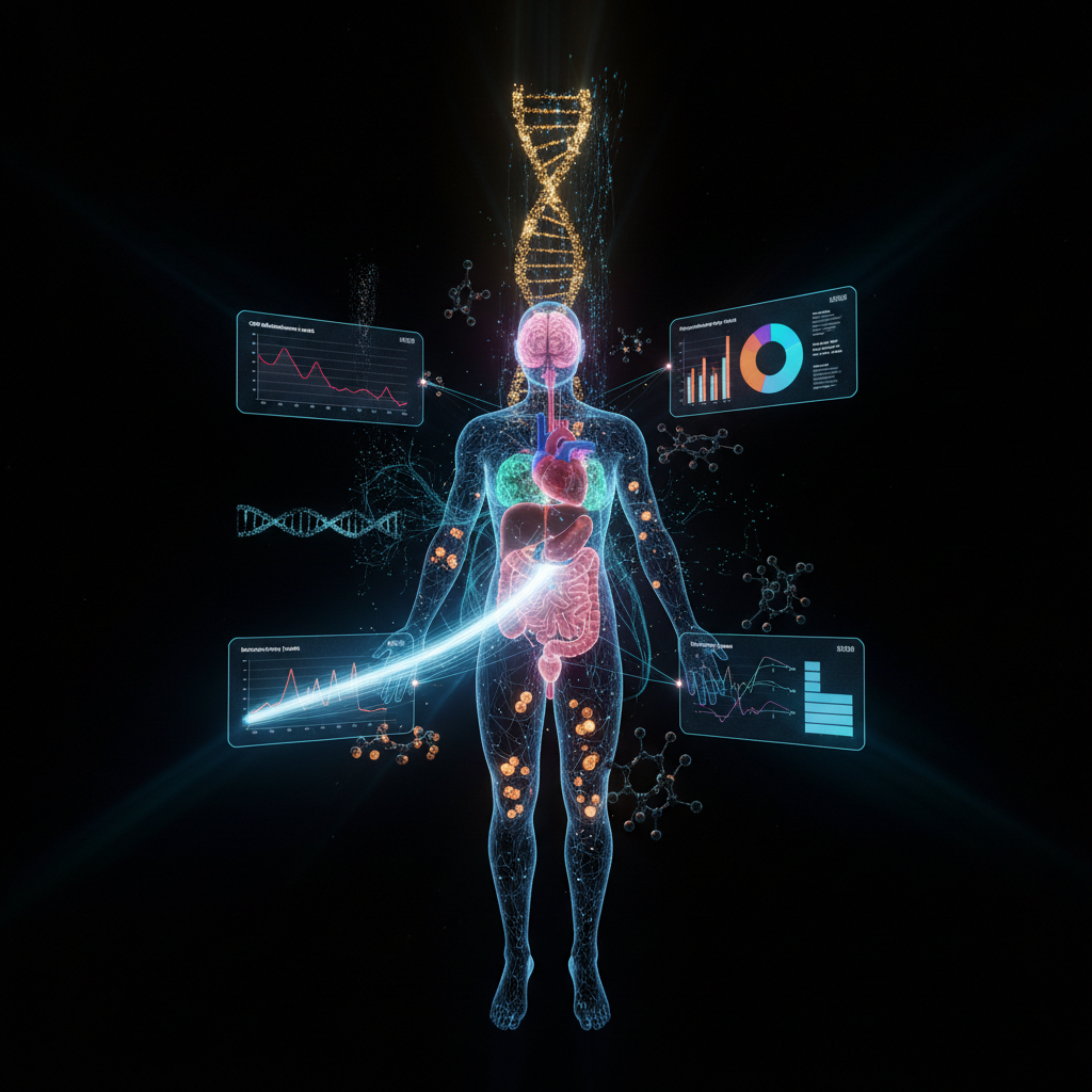 Ultra cinematic super high-tech functional medicine visualization showing a translucent human body with glowing bioluminescent organs, electric-blue neural and metabolic pathways, DNA double helix with golden genomic data streams, holographic AR biomarker dashboards displaying CRP, cortisol, IL-6 and microbiome profiles, precision laser scanning beams, gut-brain axis as luminous fiber-optic highway, and floating molecular structures in a dark futuristic medical environment