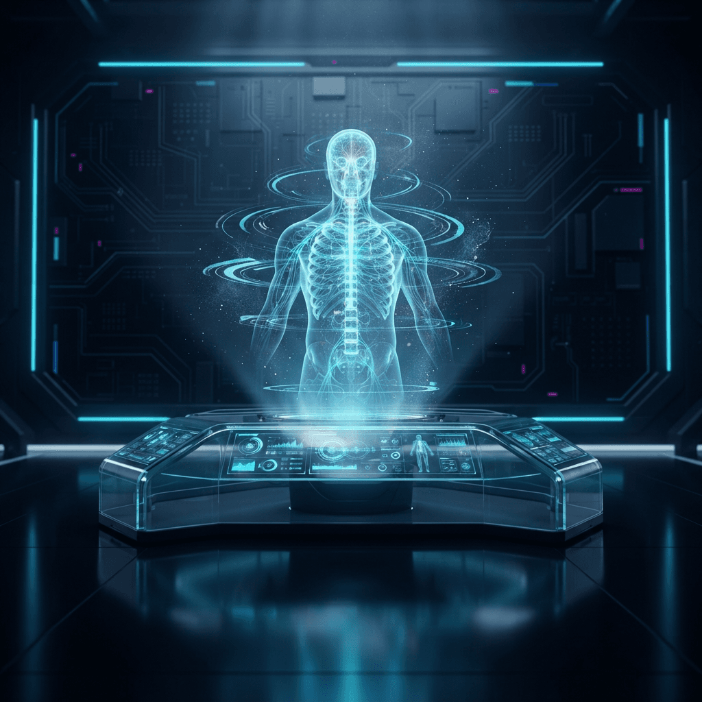 Ultra-modern holographic medical command hub with a floating 3D human torso, glowing neural pathways and cyan interface panels