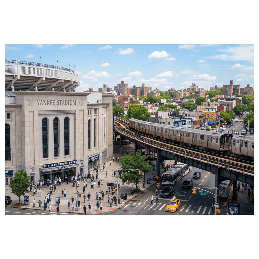 Yankee Stadium and the elevated subway line in the Bronx under a bright blue sky