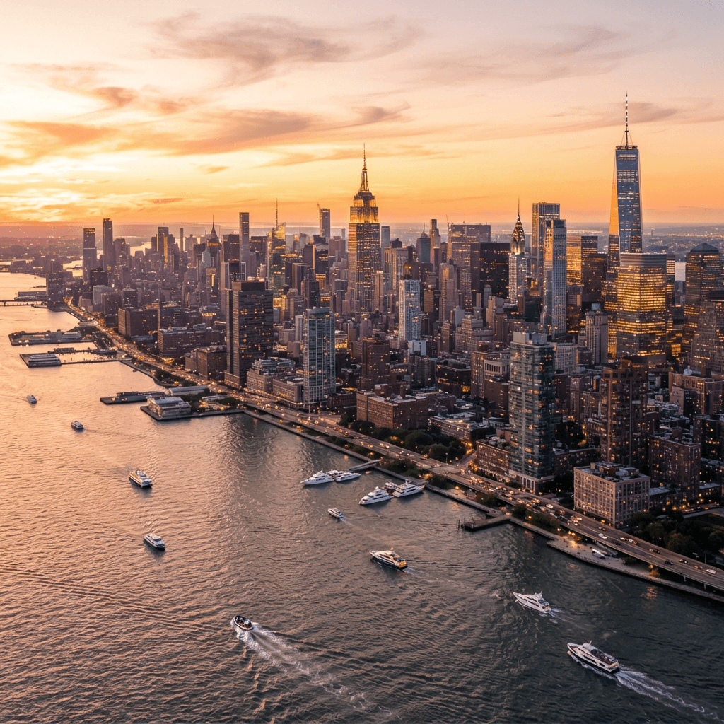 Manhattan skyline at golden hour with the Empire State Building and One World Trade Center