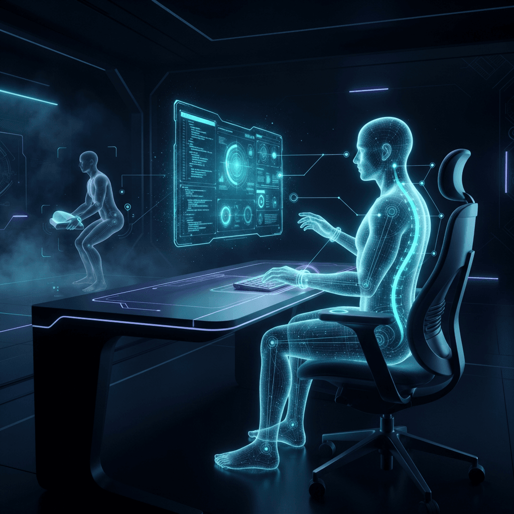 Holographic seated figure at a minimalist desk with a glowing cyan S-curve spine overlay and a floating monitor at eye level with ergonomic angle guides