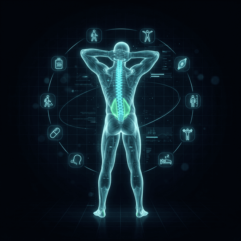 Translucent holographic figure seen from behind with a glowing cyan spine and green lower-back highlights, surrounded by ten orbiting icons representing walking, heat, stretching, core strength, posture, lifting, sleep, breathing, medication and professional care