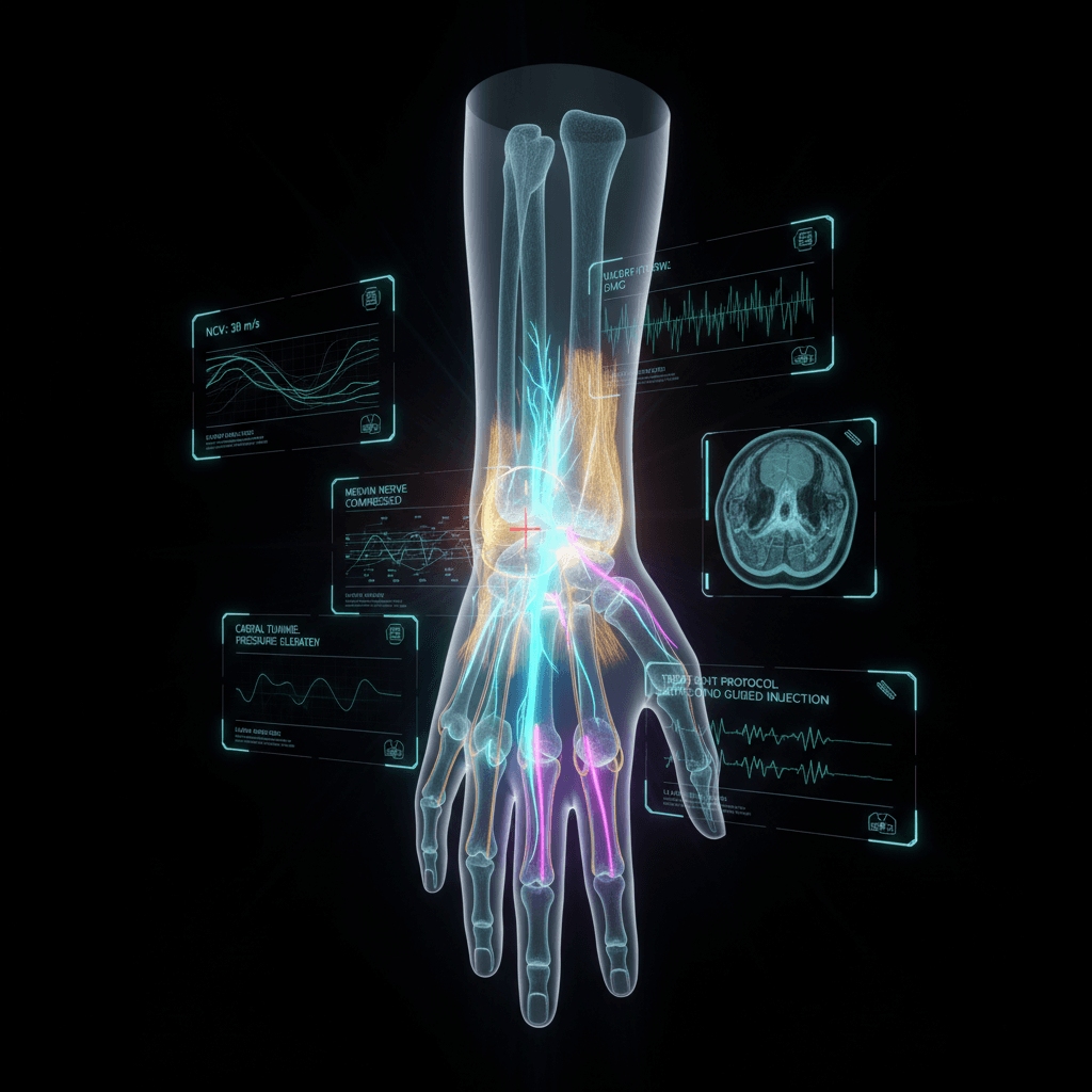Illustration of the carpal tunnel and the median nerve in the wrist