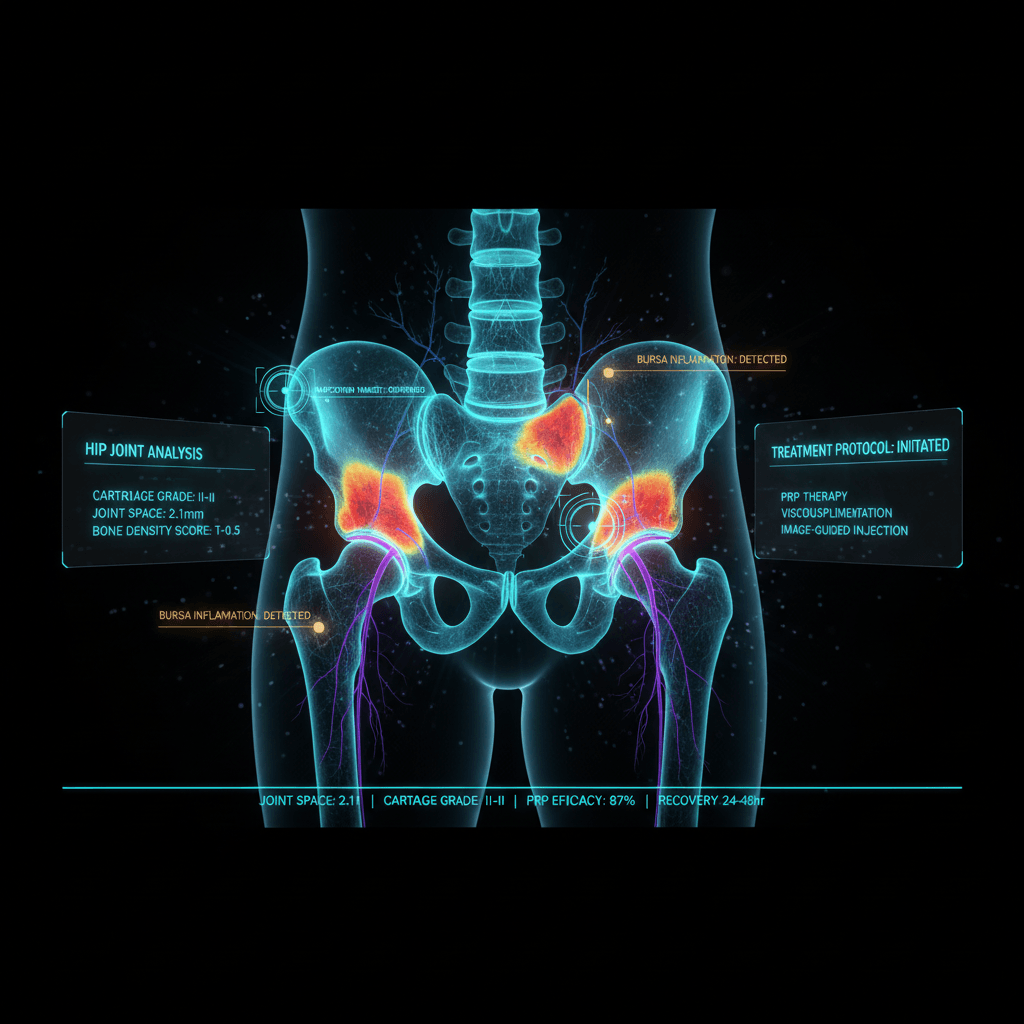Illustration of the hip joint anatomy used to explain hip pain