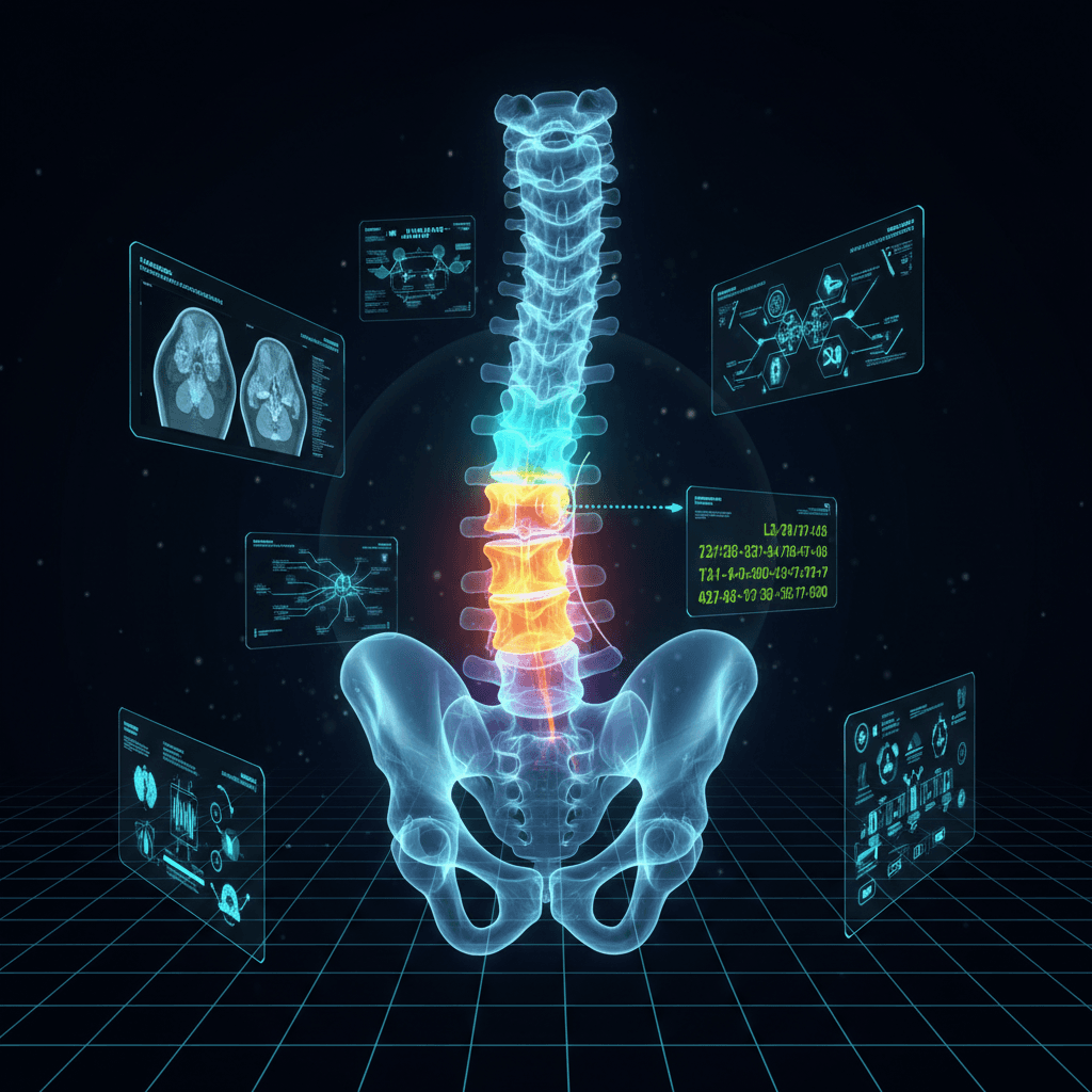3D holographic lumbar spine visualization showing L4-L5 disc herniation with nerve root compression, epidural injection trajectory, and radiofrequency ablation probe targeting facet joints — advanced interventional pain management technology