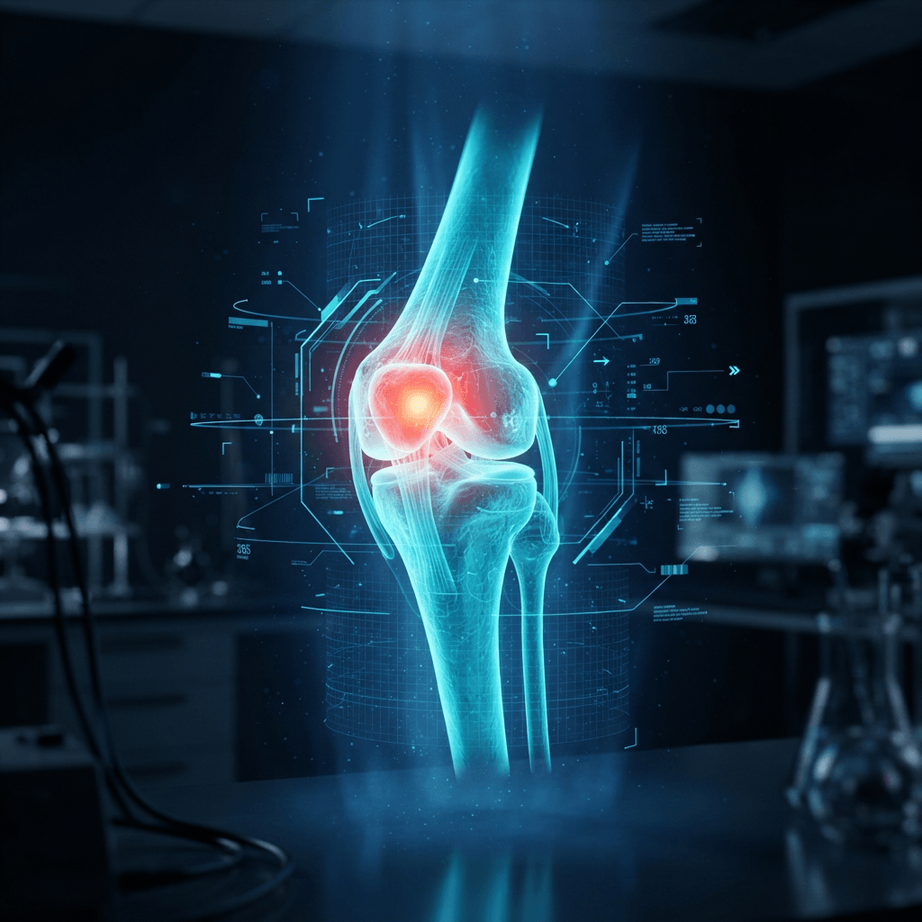 Holographic knee joint scan with cyan bones and a glowing red-orange inflammation hotspot