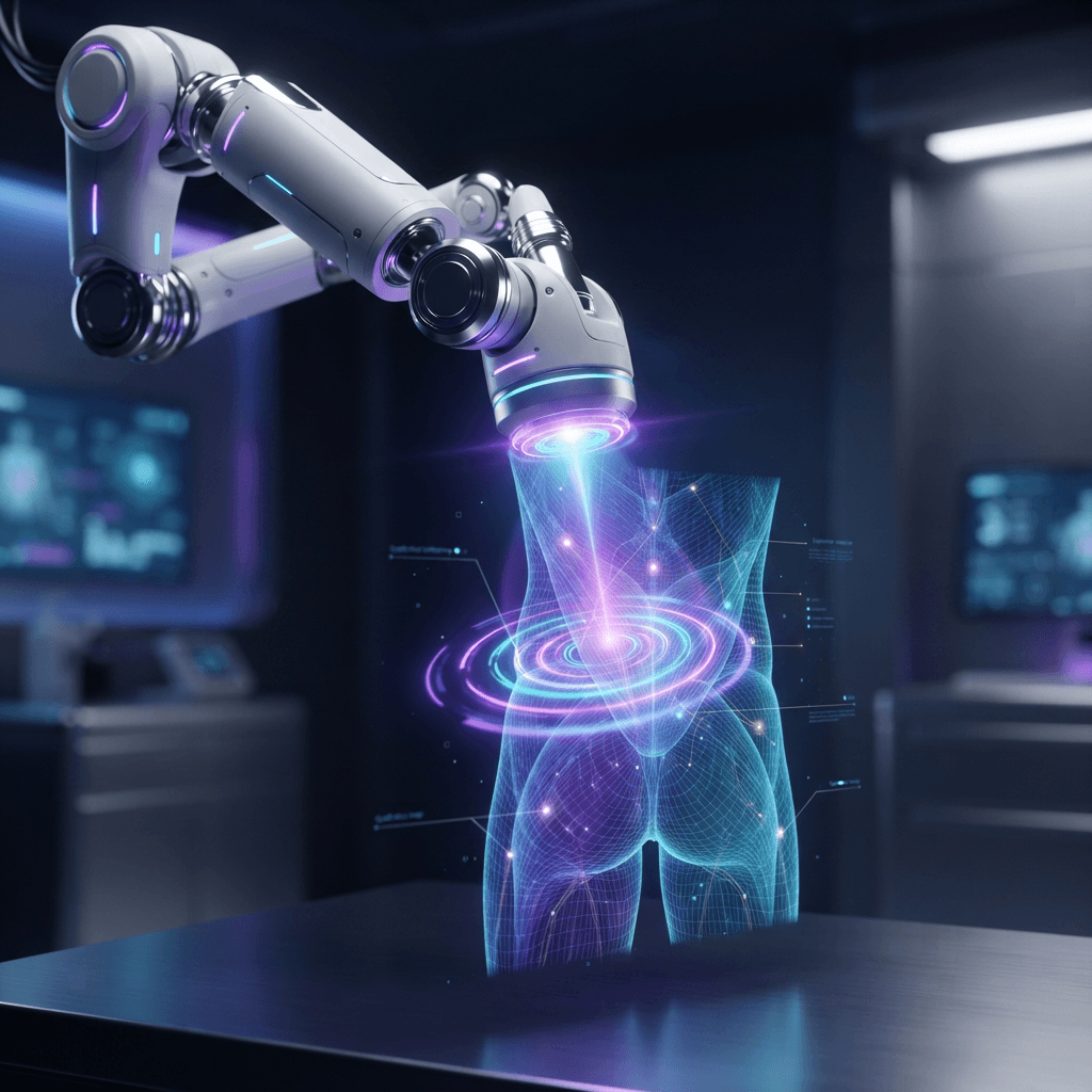 Robotic arm with a glowing laser and shockwave therapy applicator over a holographic lower-back muscle map