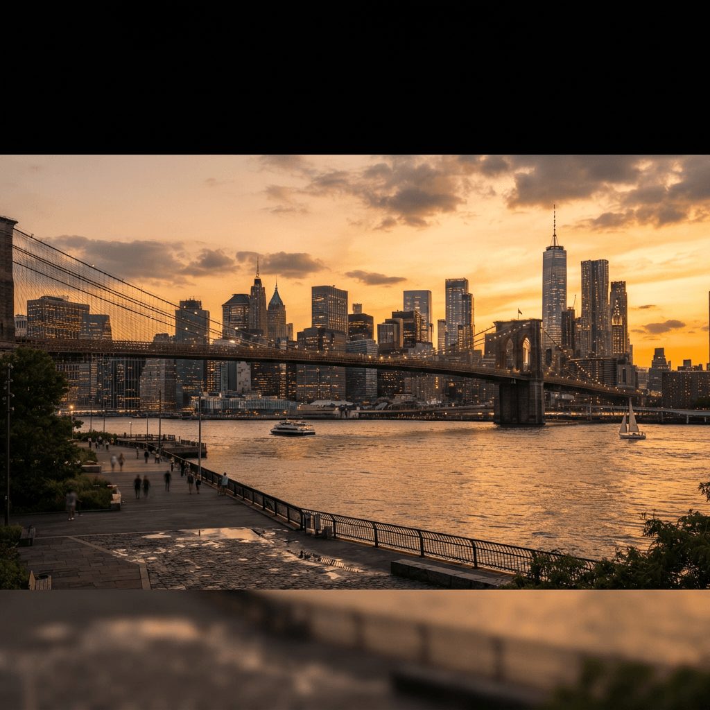 Brooklyn Bridge at golden hour viewed from the DUMBO waterfront with the Manhattan skyline across the East River