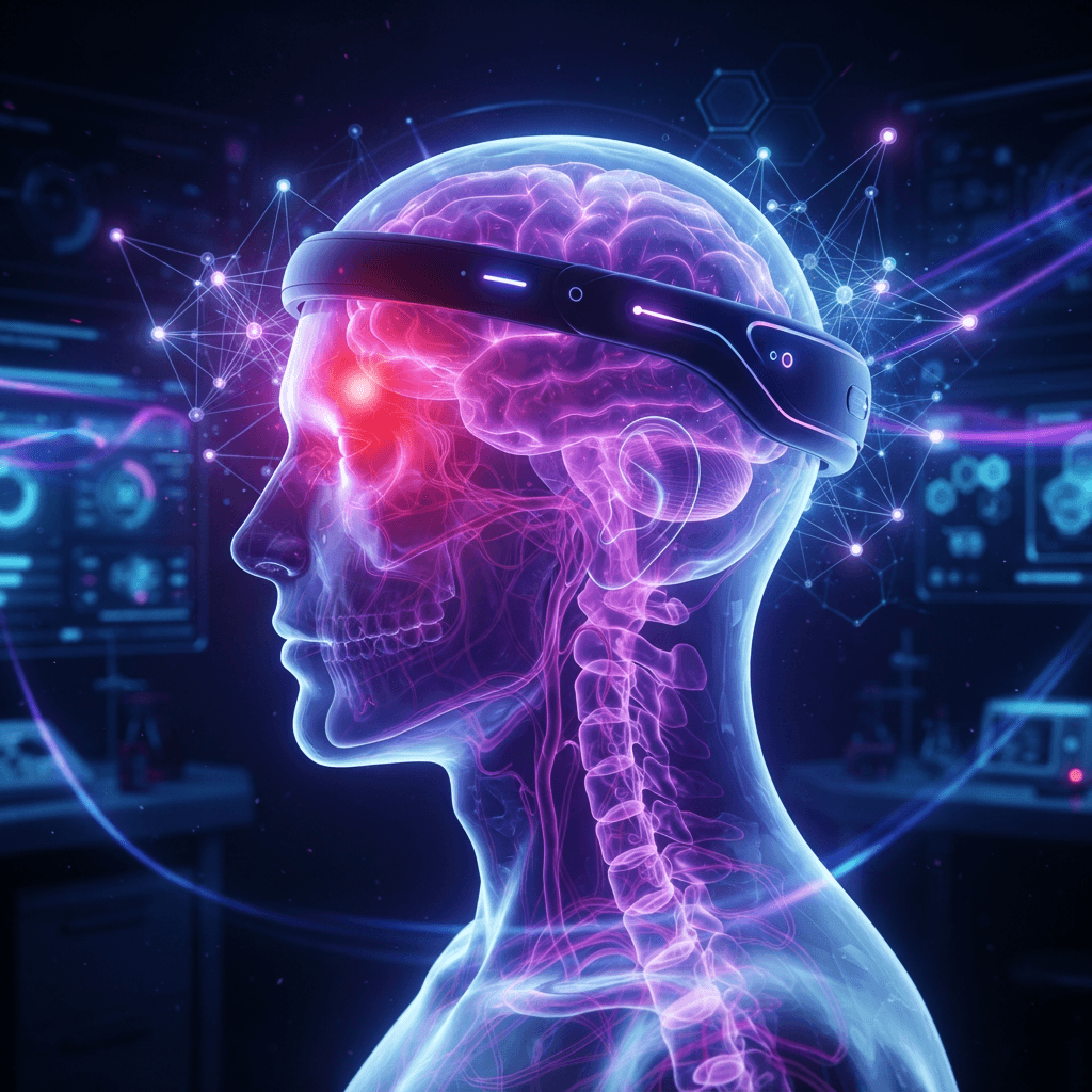 Glowing head and neck silhouette with a violet migraine pain heat map and a wearable smart headband sensor