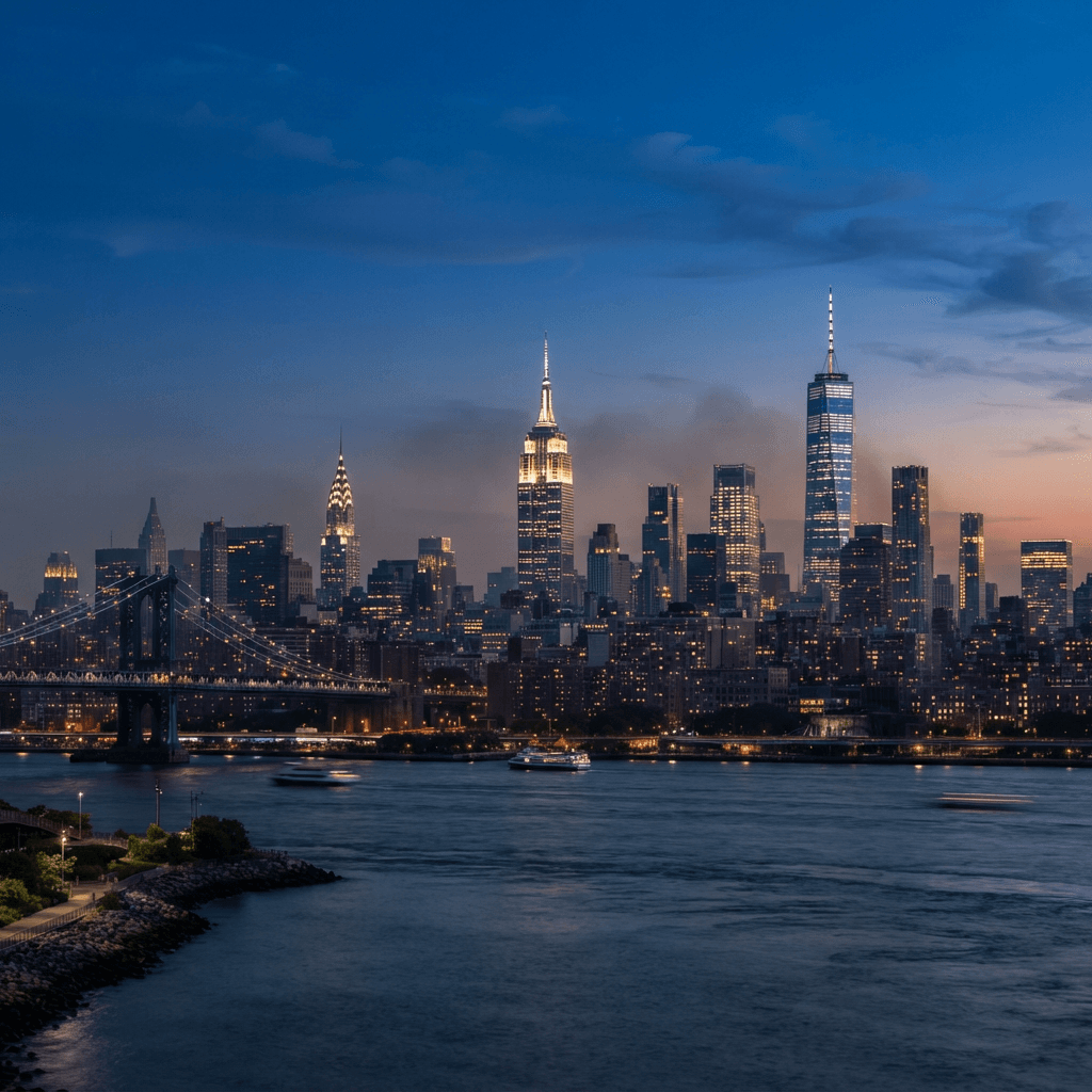 Manhattan skyline at dusk with the Empire State Building, Chrysler Building and One World Trade Center glowing over the East River