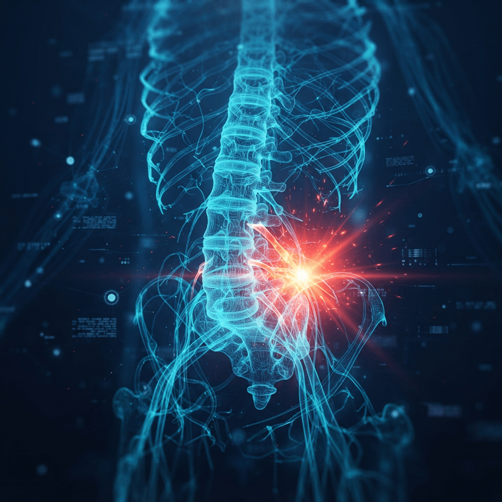 Holographic lumbar spine with a glowing red-orange pain hotspot at a nerve root surrounded by cyan neural pathways