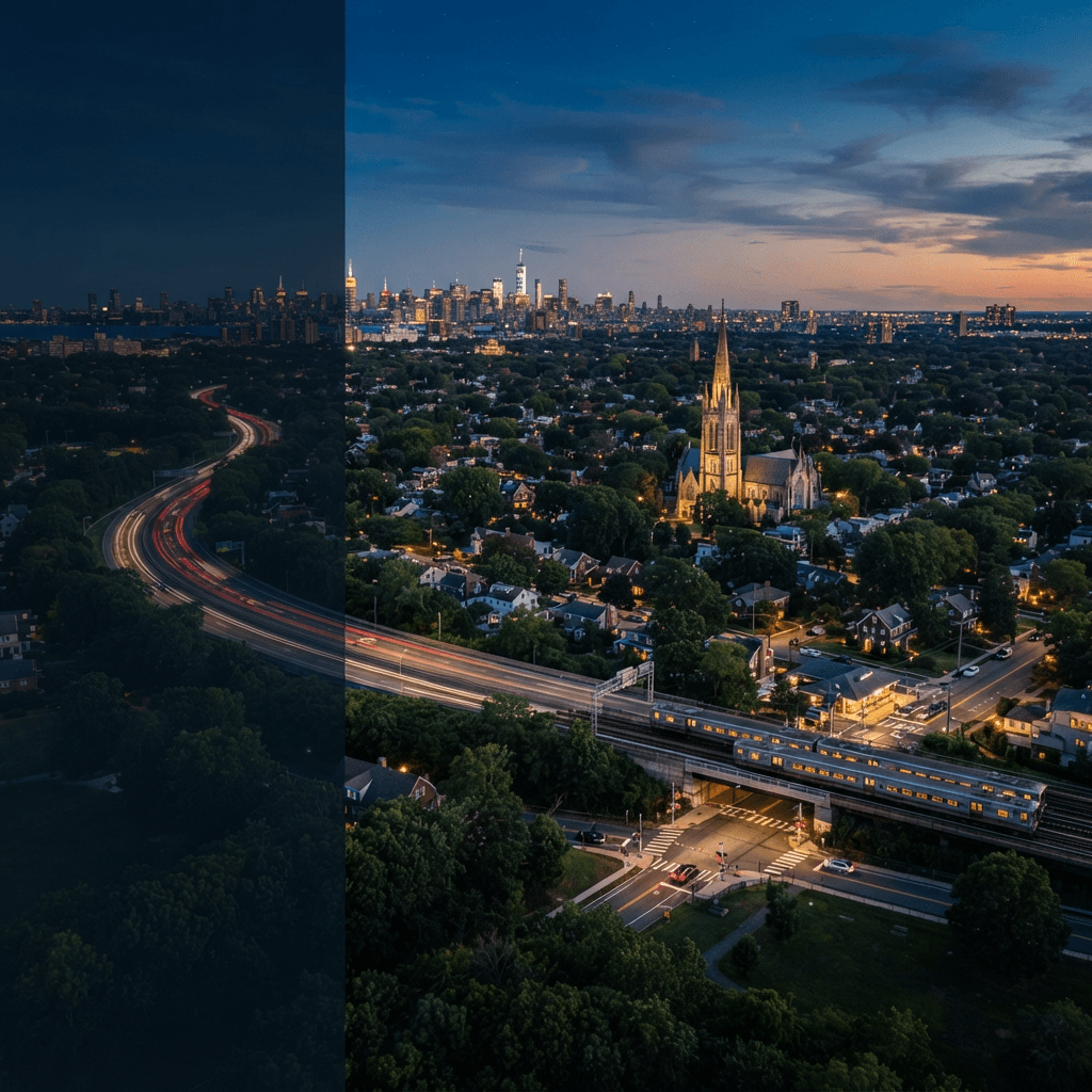 Nassau County, Long Island at dusk with a parkway, a Long Island Rail Road train, a stone church spire and the Manhattan skyline glowing on the horizon