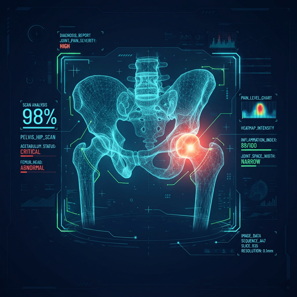 Holographic hip and pelvis scan with cyan skeletal wireframe and a glowing red-orange pain hotspot at the hip joint