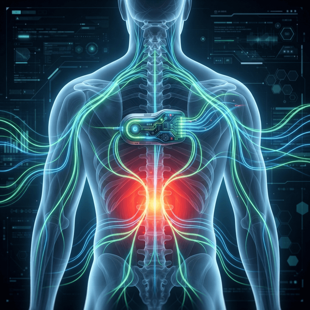 Digital pain-intensity heat map over a translucent torso with a wearable neurostimulation device on the mid-back