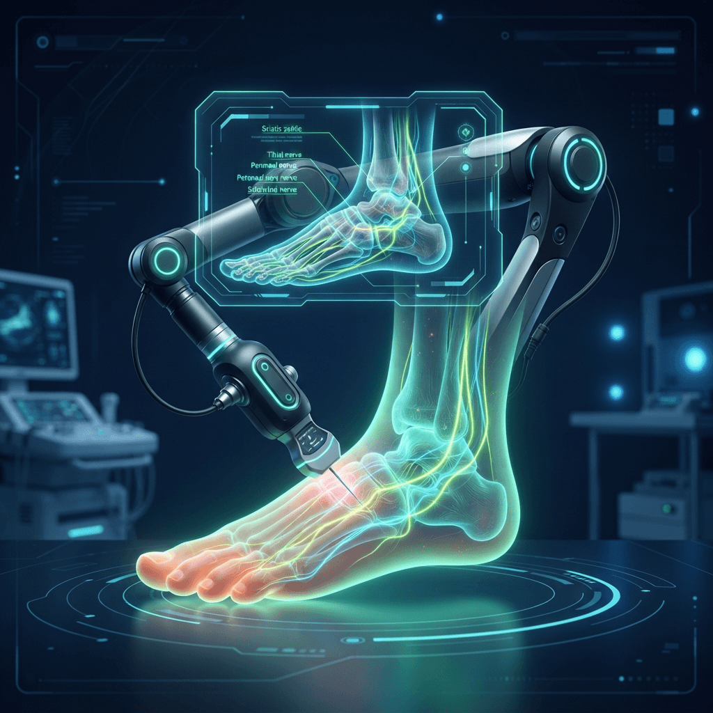 Robotic ultrasound-guided probe over a holographic foot and ankle showing glowing nerve pathways