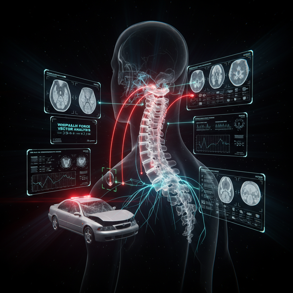Cinematic ultra high-tech visualization of auto injury whiplash — crashed silver sedan with holographic 3D cervical spine, force-vector impact arcs, AR diagnostic HUD panels, bioluminescent neural pathways, and real-time biomechanical analysis for auto injury treatment at Queens Pain Management Clinic