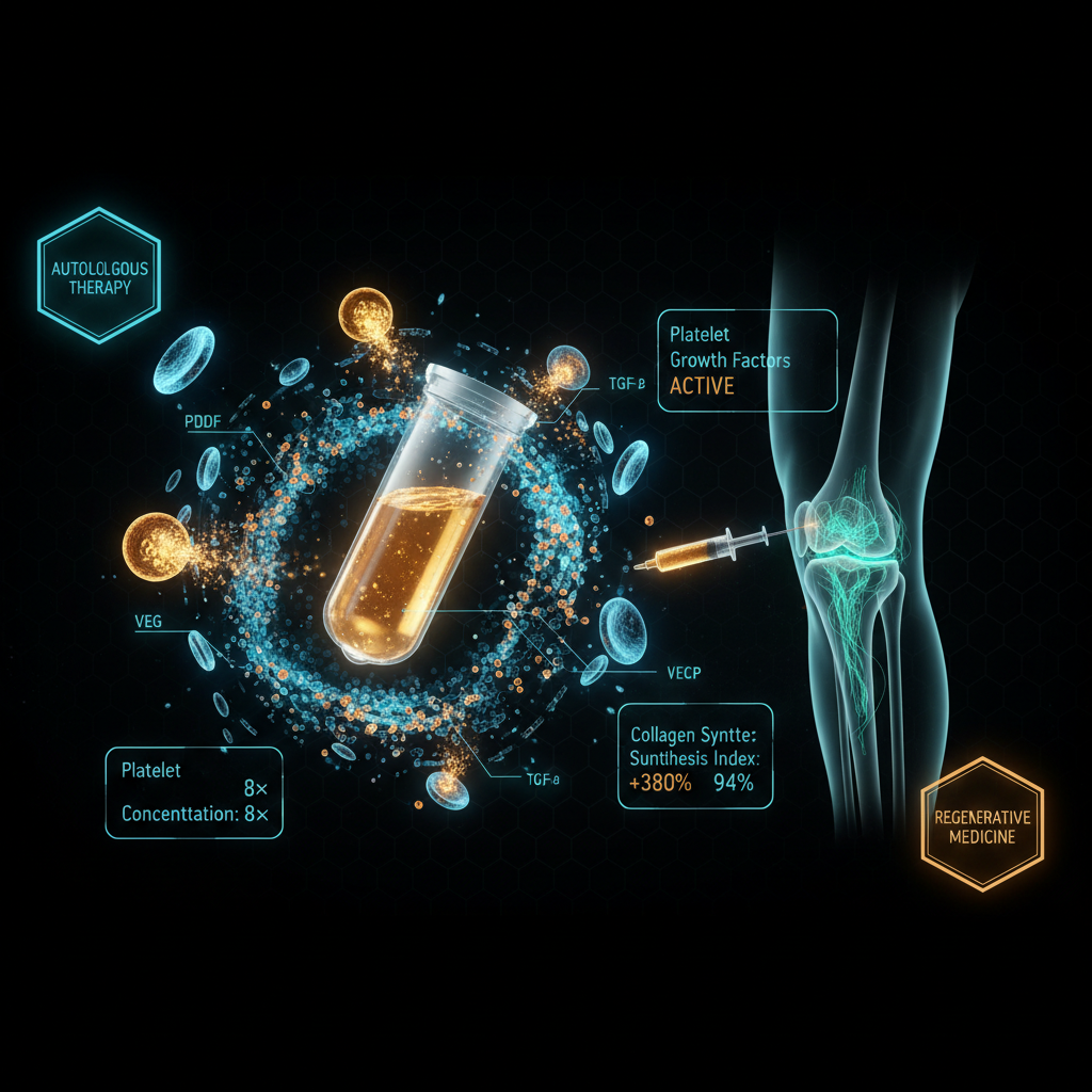 Ultra high-tech holographic PRP therapy visualization showing a glowing centrifuge tube with golden-amber platelet-rich plasma, bioluminescent platelets releasing PDGF VEGF TGF-ฮฒ growth factors, precision syringe approaching a holographic knee joint with real-time cartilage regeneration, and floating biomarker data panels in a futuristic dark biotech environment