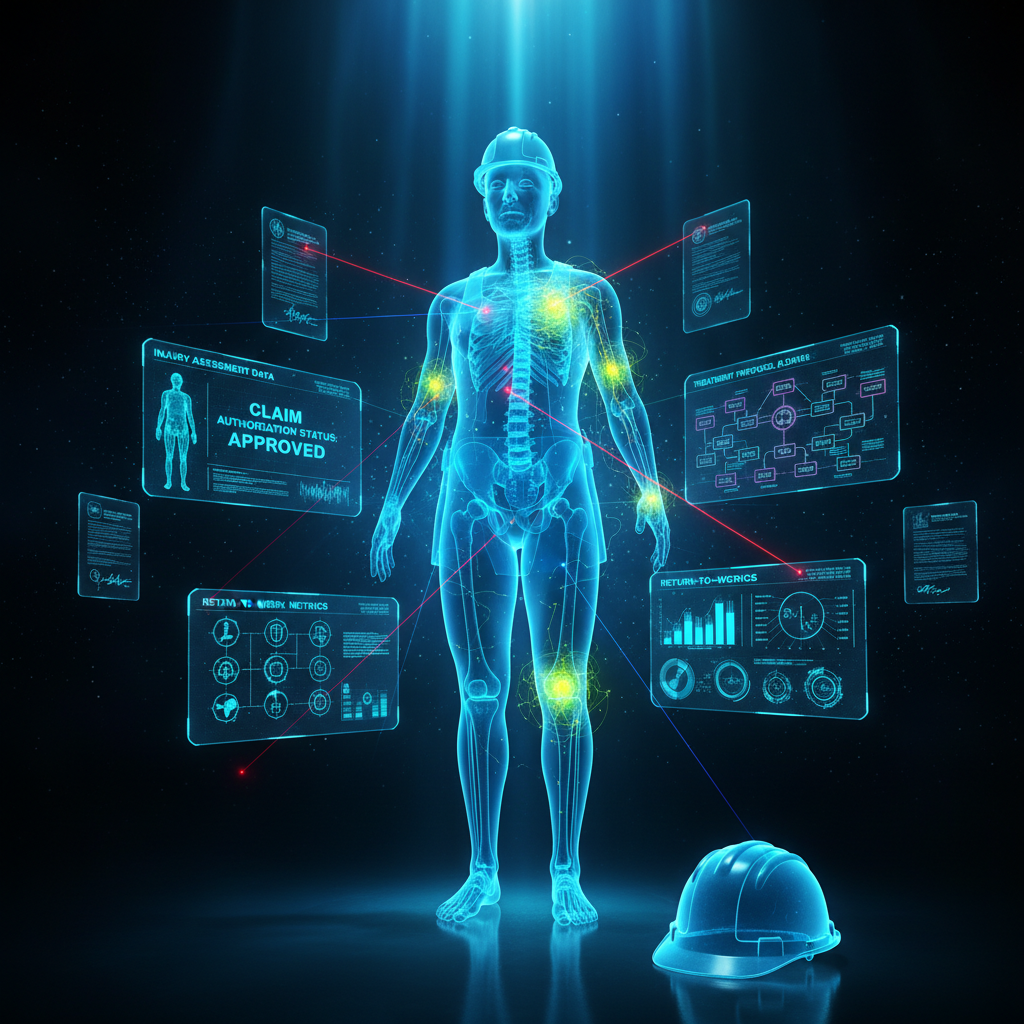 Ultra cinematic super high-tech workers compensation visualization โ holographic 3D human figure in hard hat and work gear with glowing bioluminescent injury markers on spine, shoulder, and knee, precision laser diagnostic scanning beams, floating AR panels displaying injury assessment data, claim authorization status, treatment protocol flowcharts, and return-to-work metrics with neural network data streams