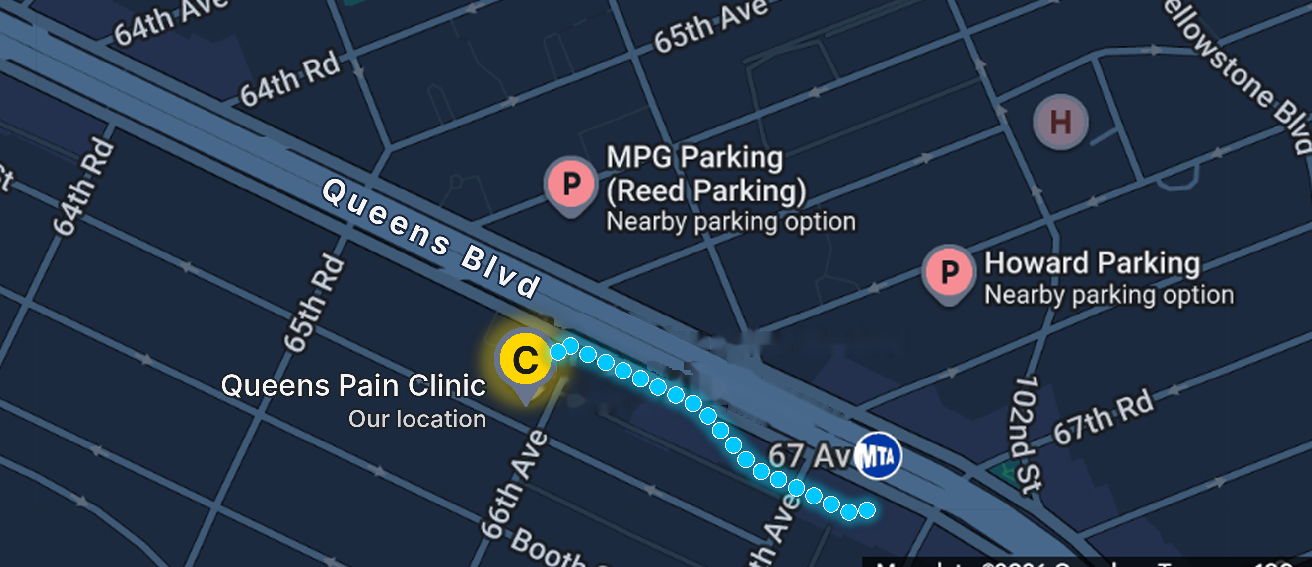 Map showing the location of Queens Pain Clinic at 9701 66th Ave, Rego Park, NY 11374 and the surrounding streets